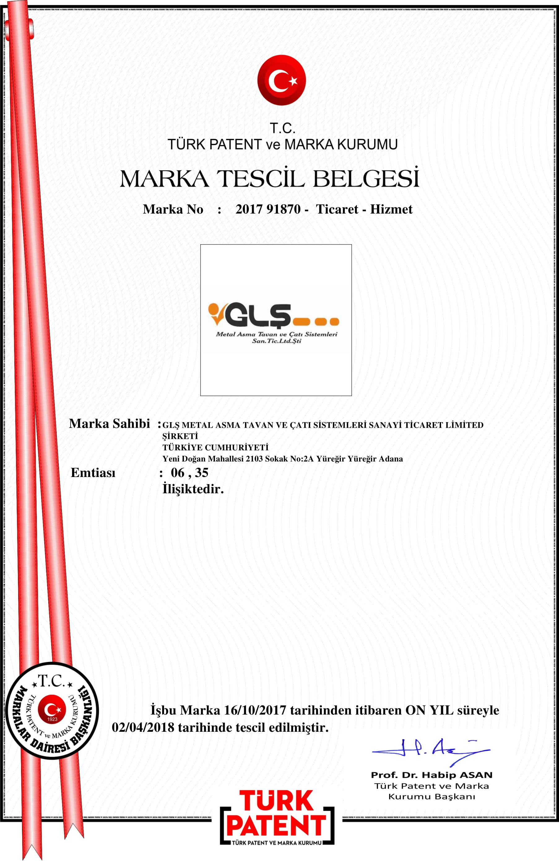 GLŞ Metal Suspended Ceiling Brand Registration Certificate