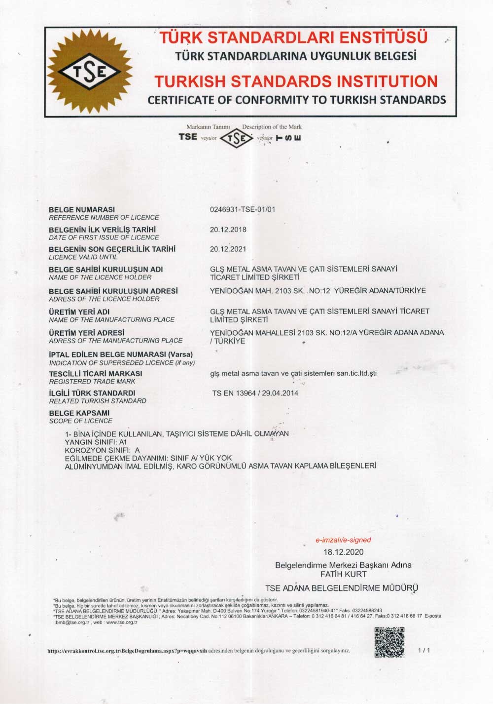 Metal Suspended Ceiling TSE EN 13964 Certificate
